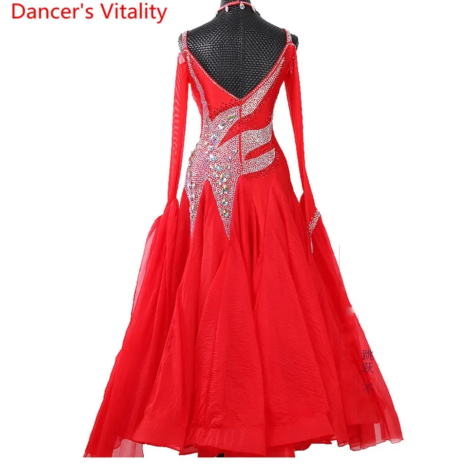 Luxurious Waltz Dance Competition Costume Diamond Ribbon Sleeve Dress Ballroom Waltz Jazz National Standard Dancing Stage Outfit