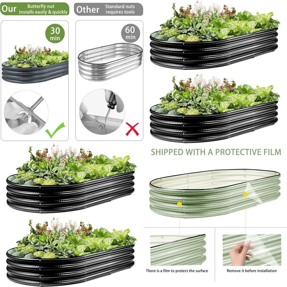 

2-Pack 4x2x1FT Black Oval Galvanized Metal Raised Garden Beds for Easy Vegetable, Flower & Herb Planting