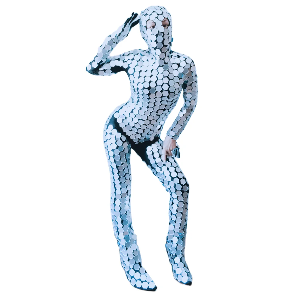 Silver Mirror Sequin Full Cover jumpsuits Gloves Shoe Cover Women Festival Outfit Gogo Dancer Costume Dance Performance Bodysuit