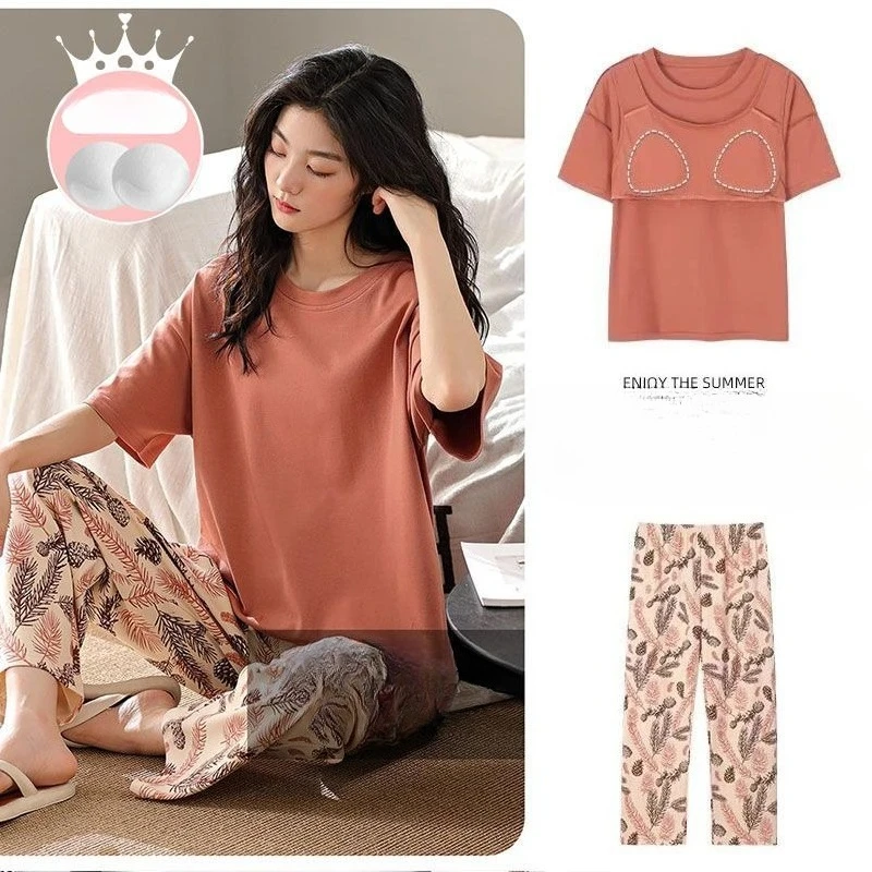 With Chest Pad Pajamas Women's New Summer Can Be Worn Outside The Anti-convex Point Home Clothes Simple Short-sleeved Trousers