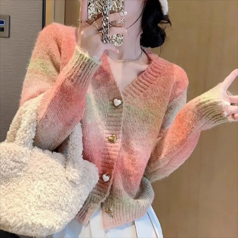 Gradient Cardigans for Women V-neck Ins Sweet Girls Candy Colors All-match Korean Style Spring Autumn Outwear Popular Knitted