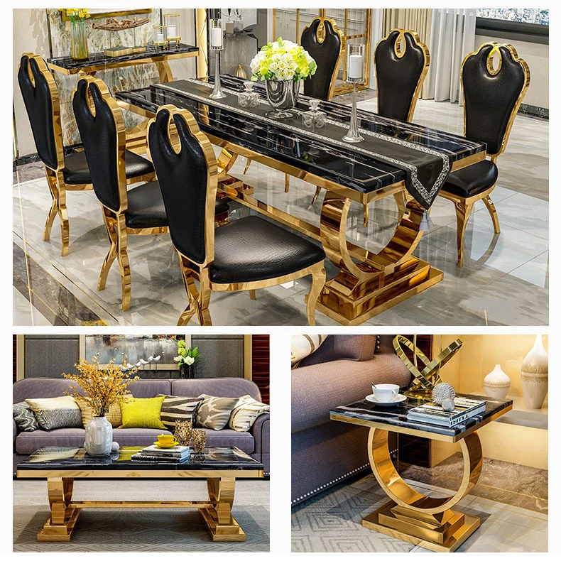 

Customizable Royal Style Metal Luxury Dining Table and Chair Set 6 Seats Furniture Classic Modern Marble Dining Table