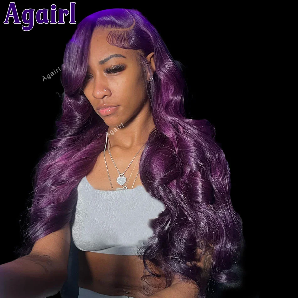 Perruque Lace Front Wig Body Wave Naturelle, Cheveux Humains, Violet Foncé, Transparent, 13x4, Densité 200, Prêt à l'emploi, pour Femme