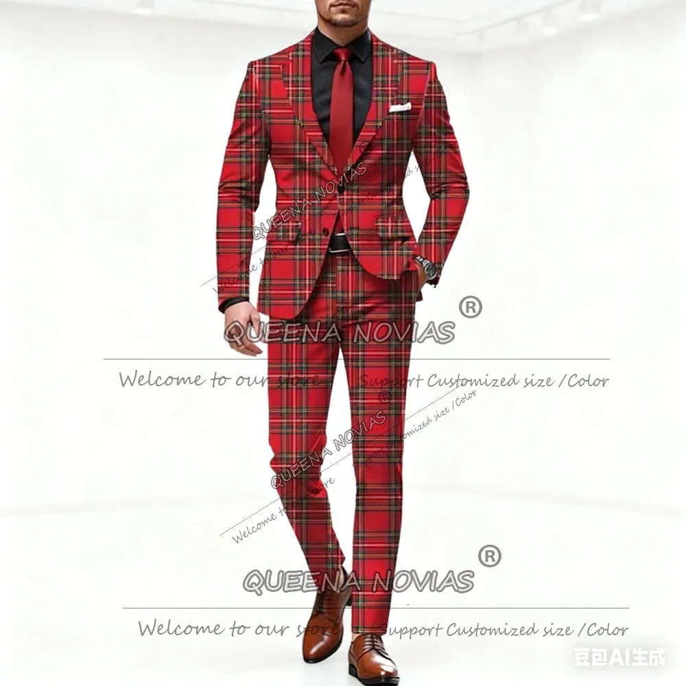 اليدوية منقوشة الشيكات بدلة عمل الملابس للرجال واحدة الصدر سترة السراويل 2 قطعة مجموعة النمط البريطاني العريس حفلة البدلات الرسمية