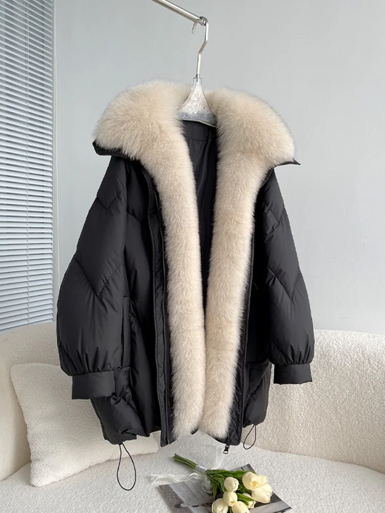 2023 New Korean Fashion Winter Women\'s Warm Goose Down Jacket Real Fox Collar Thicken Loose Coat Luxury Female Outerwear