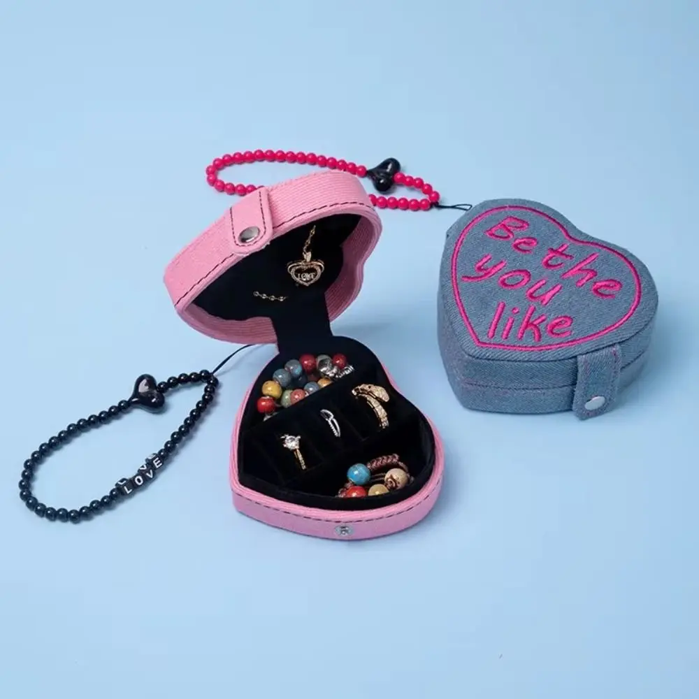 

Heart Shaped Jewelry Ring Storage Box Embroidered Pure Color Cosmetic Bag With Strap Retro Style Mini Jewelry Box Necklaces