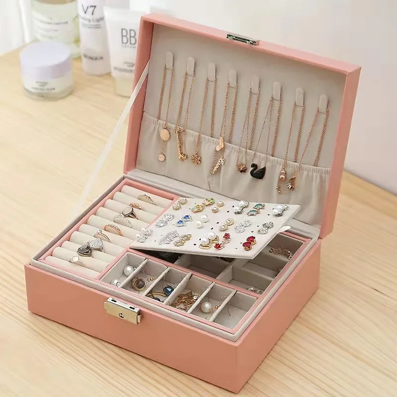 New double-layer wooden jewelry box with lock, earrings, earrings, storage box.