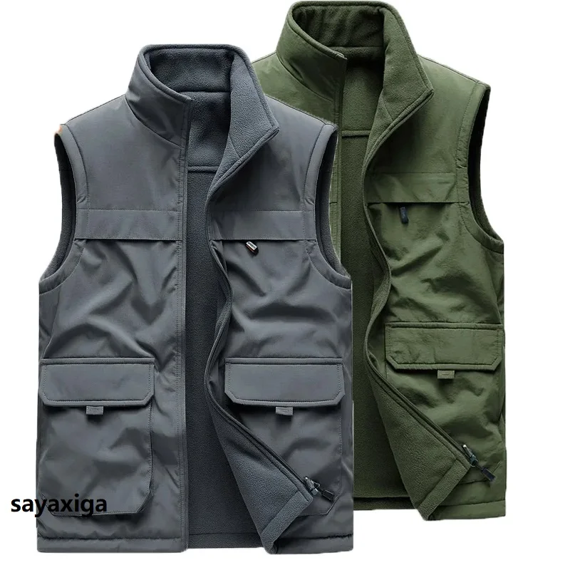 

Winter Men's Sleeveless Jacket Male Reversible Warm Waistcoat Casual Outwear Men Fleece Thermal Soft Vest Clothing 6XL Tank tops