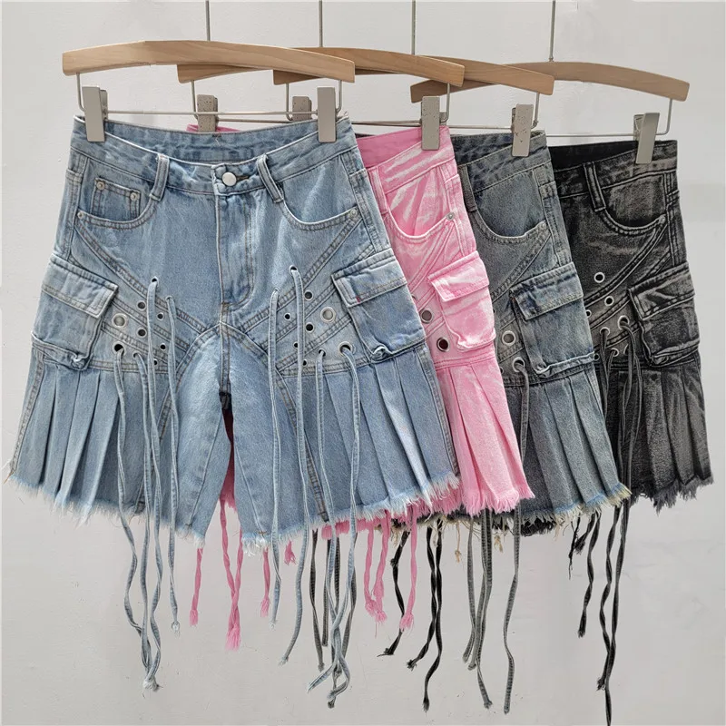 American Retro Multi-pocket Strap Overalls Pants 2025 Summer Spice Girls Street Heavy Industry Design Wide-leg Short Pants