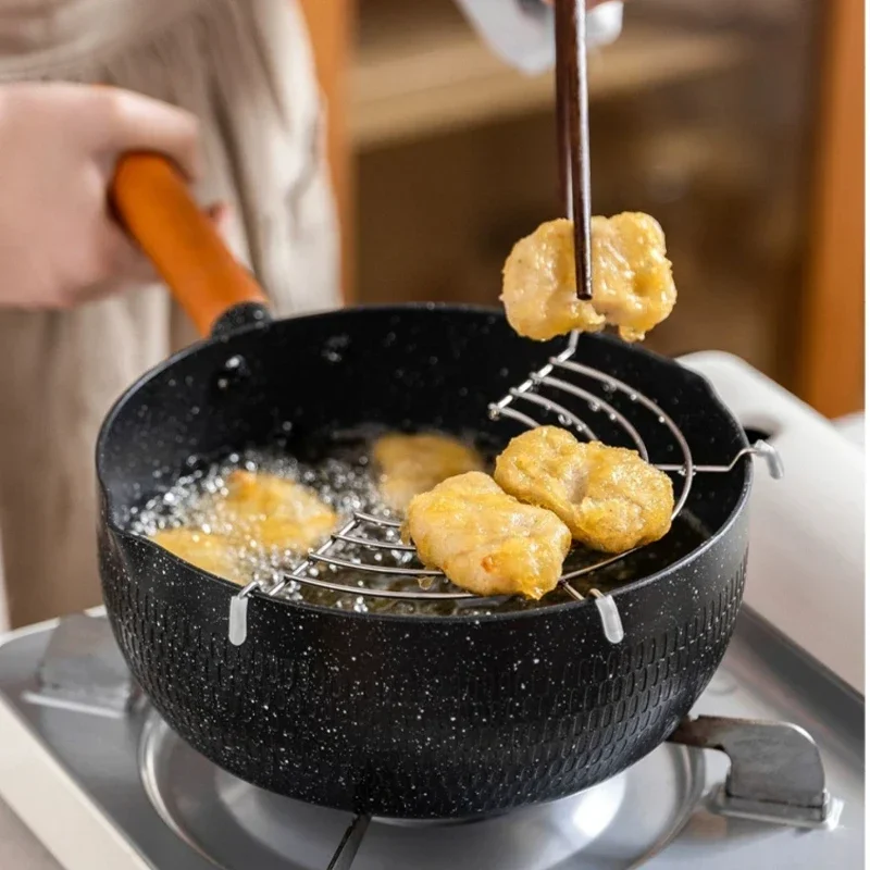 Japanese Tempura Fryer Aluminum Alloy Non Stick Fuel-efficient Household Small Flat with 304 Stainless Steel Oil Drain Net