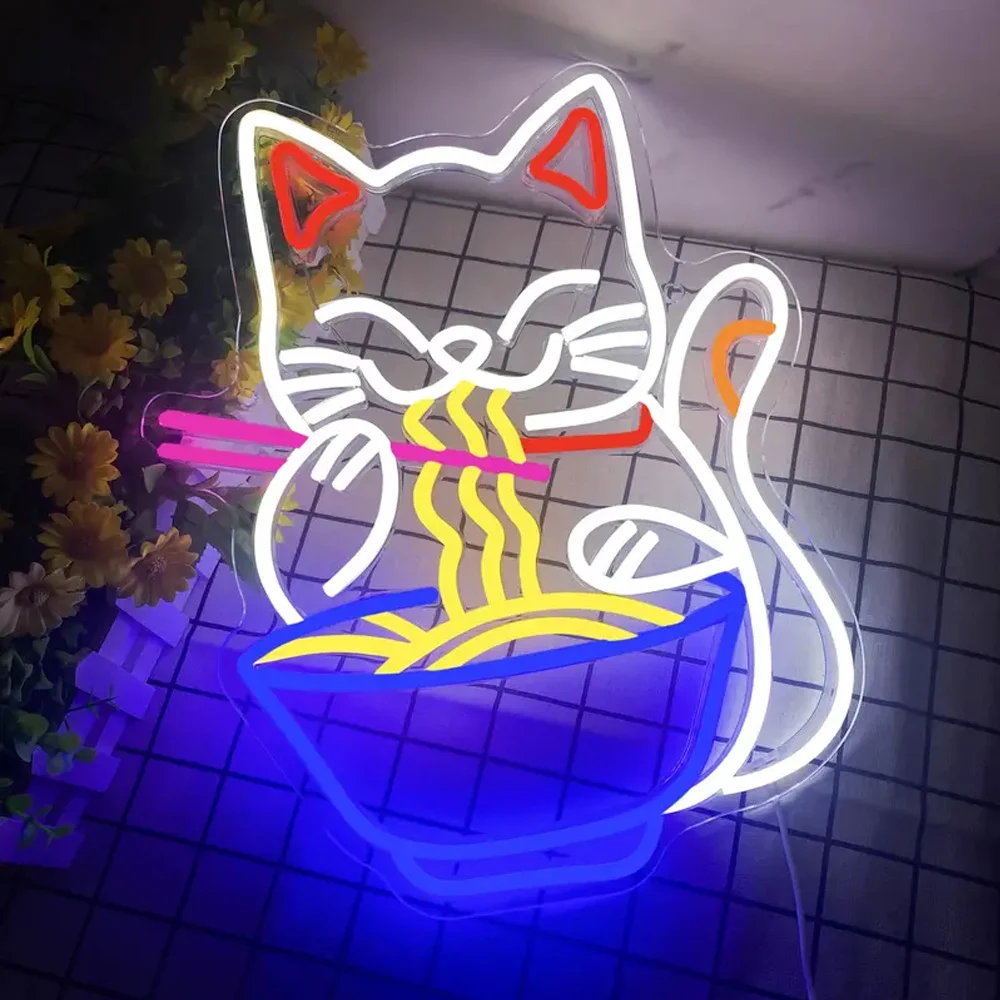 Señal de neón de Ramen de gato de La Fortuna, Led de fideos japoneses, regulable, señal de pared, luz de neón iluminada, para barra de Casa Resturant