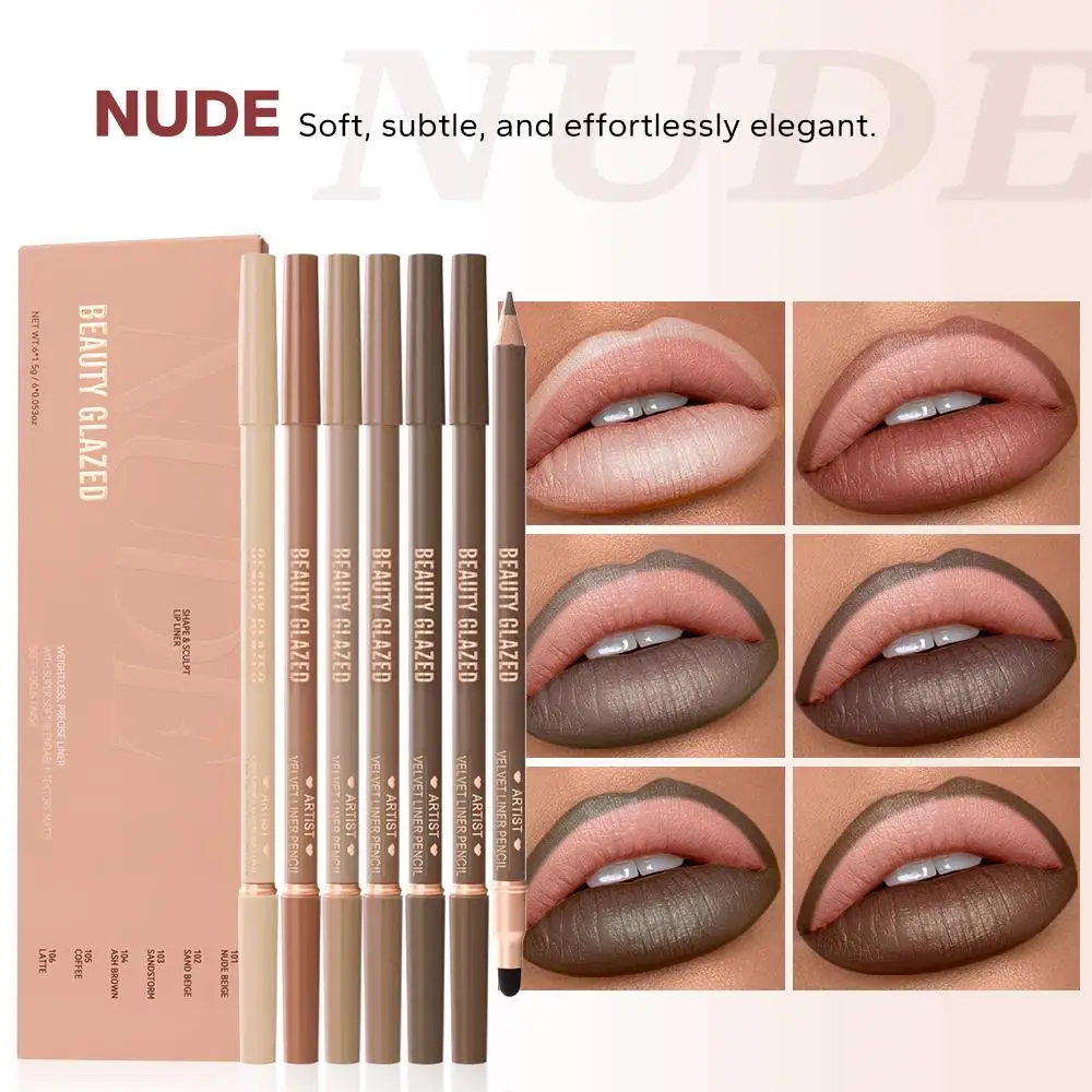 Beauty Glazed 6Pcs Set Double Head Artist Velvet Lipliner Pencil With Sponge brush,Weightless Blendable Texture Matte