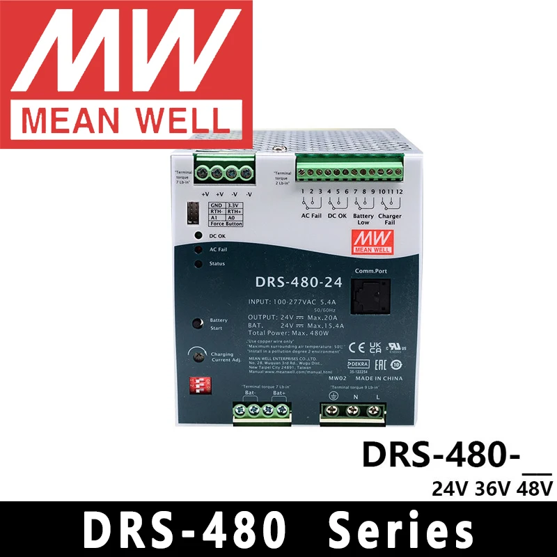 Mean Well DRS-480-24/36/48 DC-UPS/Battery Charger/Status monitoring meanwell 480W AC/DC DIN Rail Type Security Power Supply