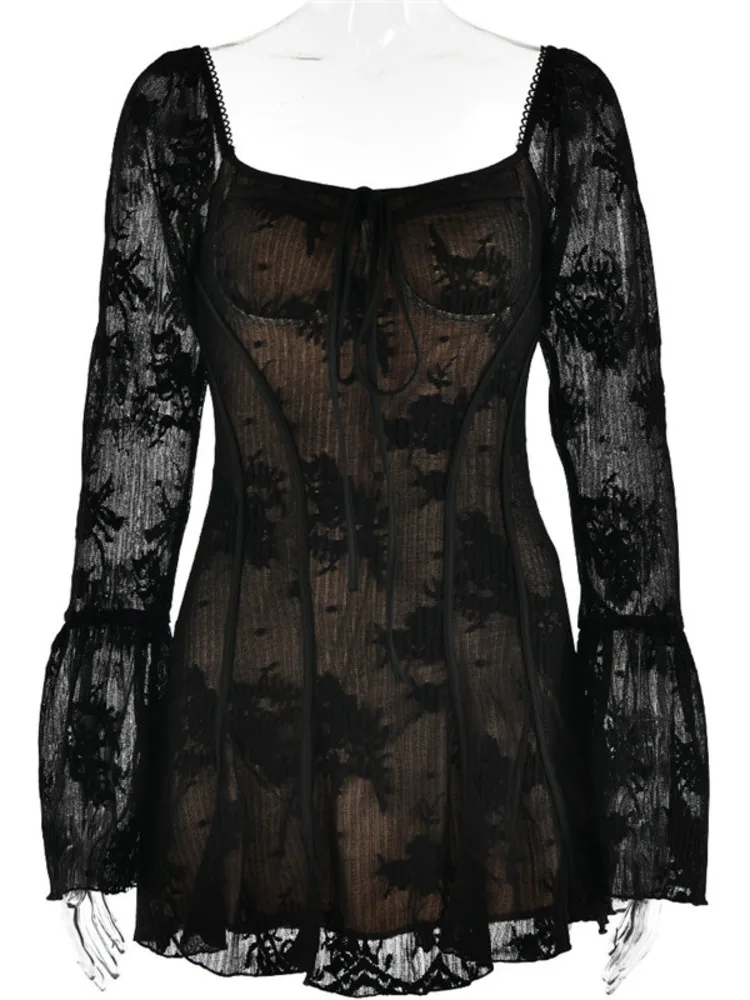Mozision-Vestido corto de manga larga acampanada para mujer, minivestido plisado con cuello cuadrado y Espalda descubierta, Sexy, a la moda, para