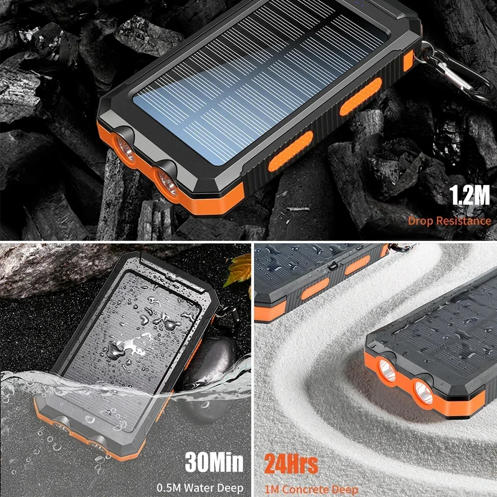 10000mAh Solar Charging Power Bank,Dual USB & Type C Output Port Multicharger Power Bank with Flashlight and Compass