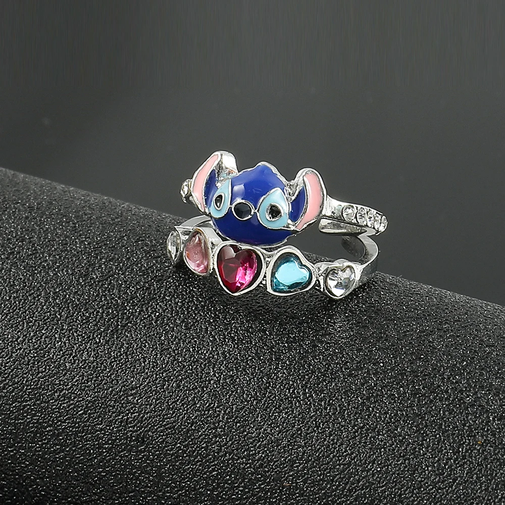 Adjustable Disnes Stitch Rings Cartoon Lilo & Stitch Oil Drop Diamond Double Layer Open Finger Rings for Women Y2k Jewelry