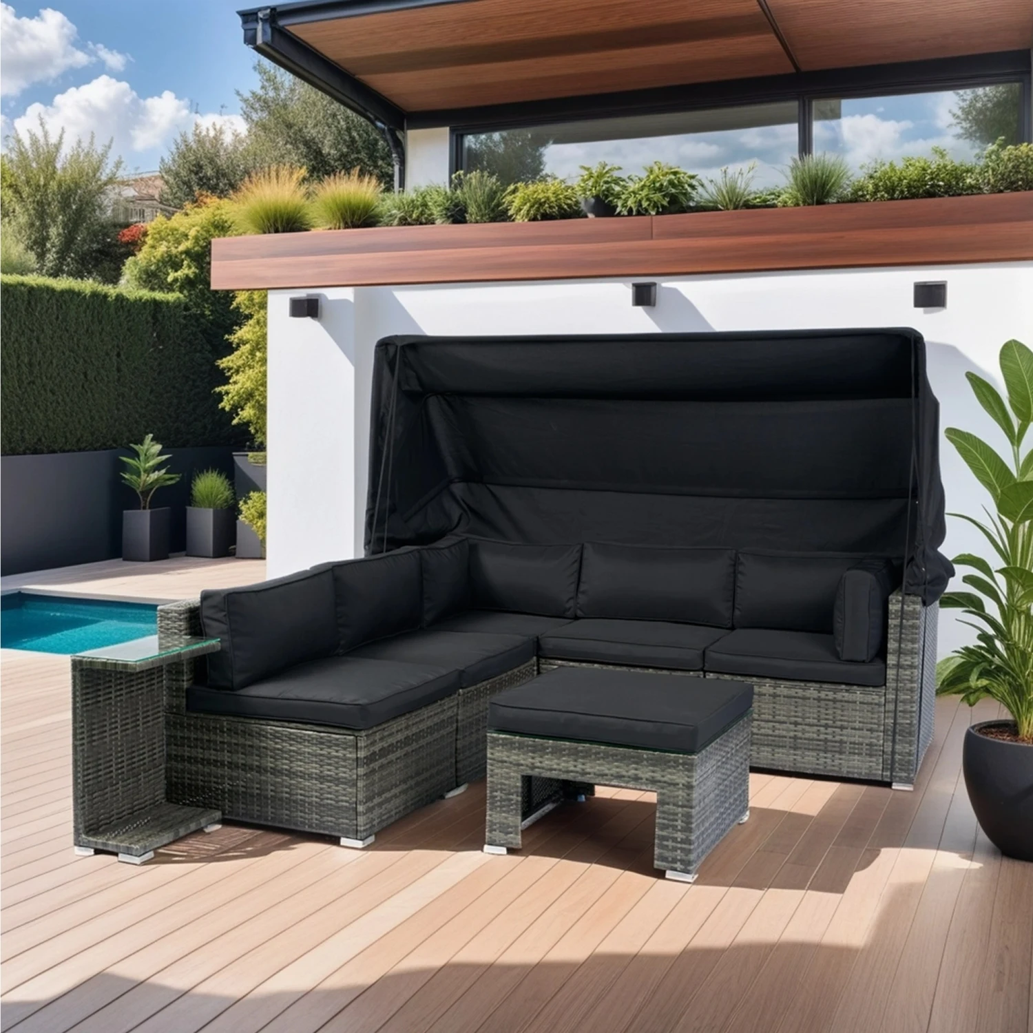 7-Piece Retractable Canopy Patio Furniture Set - Grey Wicker Rattan Sectional Sofa with Washable Cushions for Lawn, Garden, Back