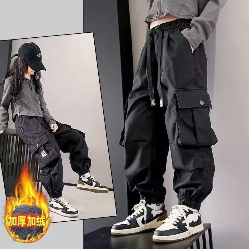 KoreanTeenager Girls\' Cargo Pants Children\'s Trousers Wide-leg Casual Pants Fashionable Loose 5 8 10 12 14 Years Old