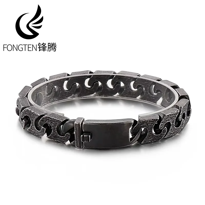Fongten-Pulseira de aço inoxidável cubano para homens, pulseira masculina, pulseira de joias, preta, cor prata, 22cm