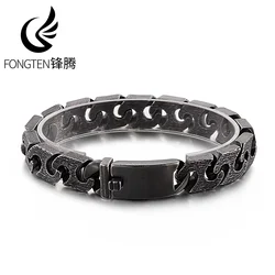 Fongten 22cm Cuban Chain Bracelet for Men Stainless Steel Male Wirstband Bracelets Bangle Rotre Black Silver Color Jewelry
