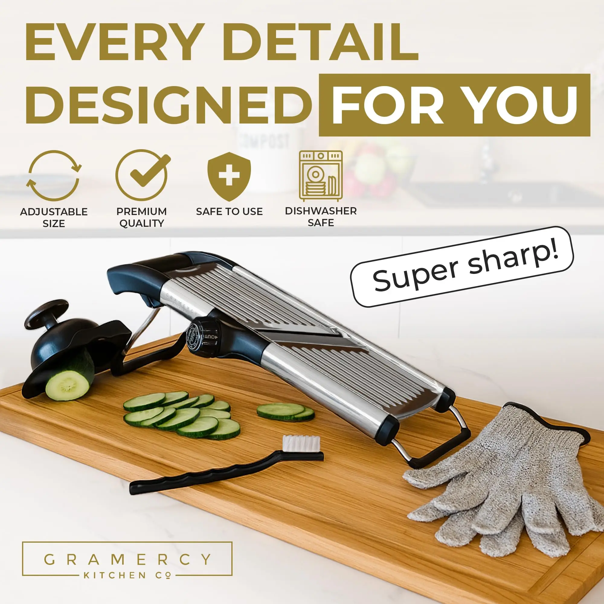 Stainless Steel Mandoline Slicer with 5 Blades & Holder - Safe Hand Guard Food Chopper for Vegetable Fruit, Easy Clean