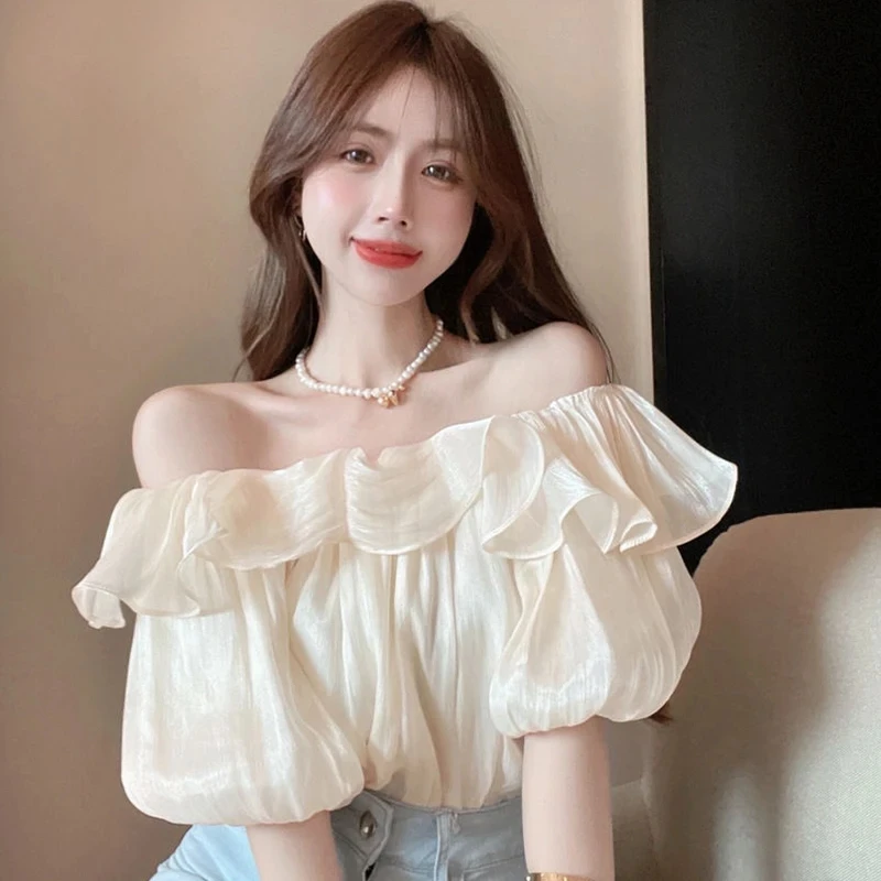 

GIDYQ Elegant Sweet Chiffon Women Shirt Korean Puff Short Sleeve Slash Neck Blouse Fashion Ruffled Off Shoulder Tops Summer New