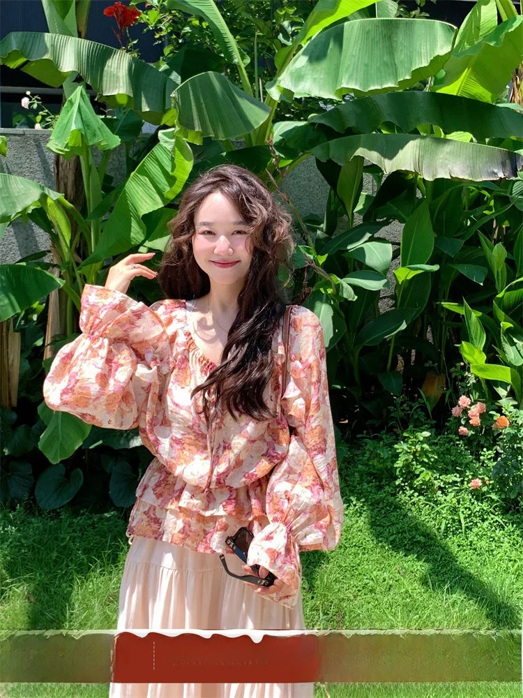 

Limited Time TheWangs Silk Floral Dstring irt Women Summer Lightweight Design Sense Top Thin Long Sve Floral Print