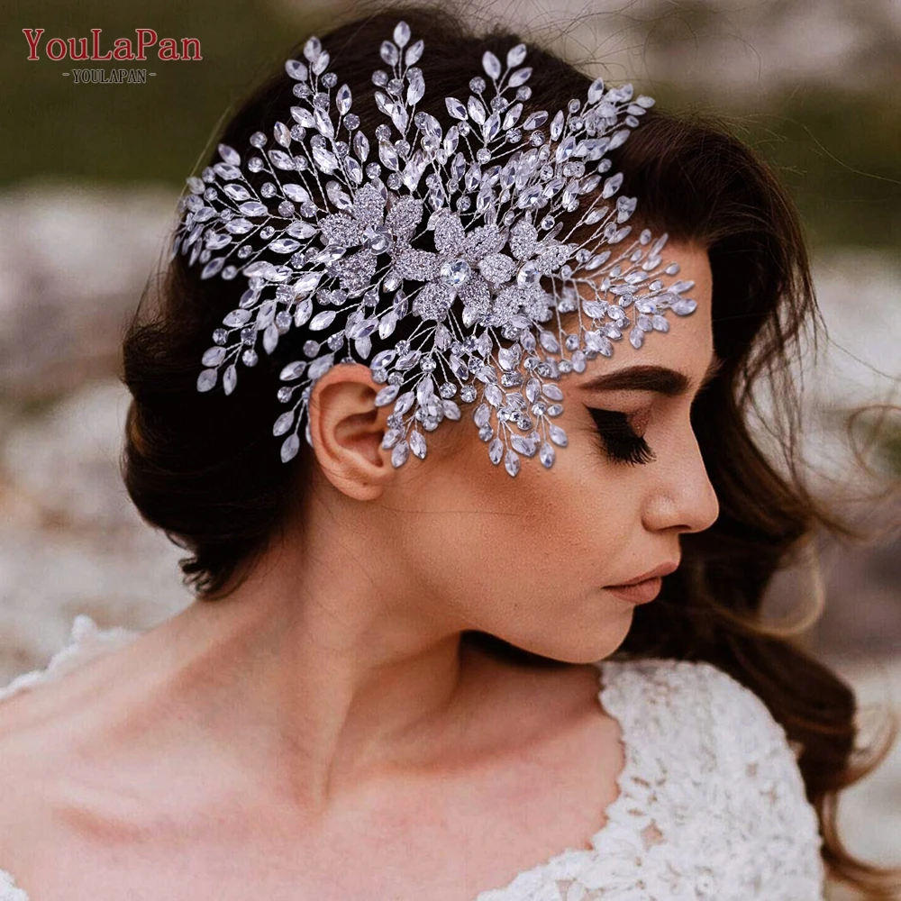 

YoulaPan HP462A Trendy Wedding Headpiece with Comb Bridal Side Headwear Silver Rhinestone Headdress Flower Woman Brides Headband