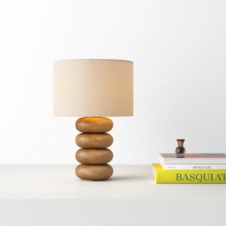 Modern desk lamp with solid walnut body and fabric shade