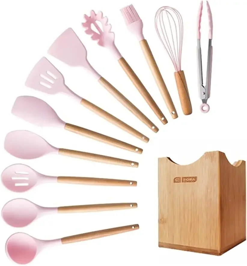 Silicone Set for Kitchen Utensils Wooden Cooking Utensil Spatula Tongs Cooking Utensil Set Heat Resistant Kitchen Tools (Color :