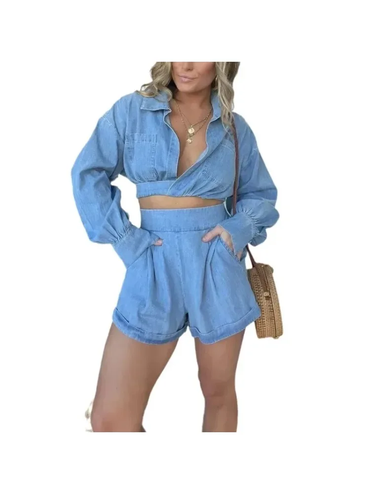 

Summer Women's Fashion Deep V Long Sleeve Denim Shirt & Sexy Shorts Set Temperament Commuting Female Casual Short Pants Outfit