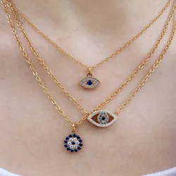 Ins 18K Gold Plated Stainless Steel Evil Eyes Round Pendant Necklace Waterproof Hypoallergenic Jewelry Gift