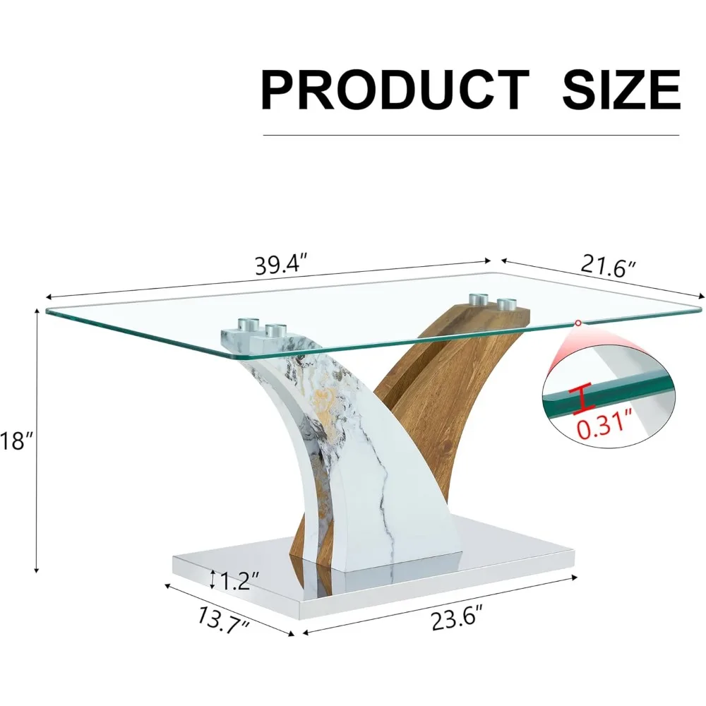 Coffee Table for Living Room, Rectangular Glass Coffee Table, with Two Color Patchwork Creative Wooden Base 39.4" L x 21.6" W x