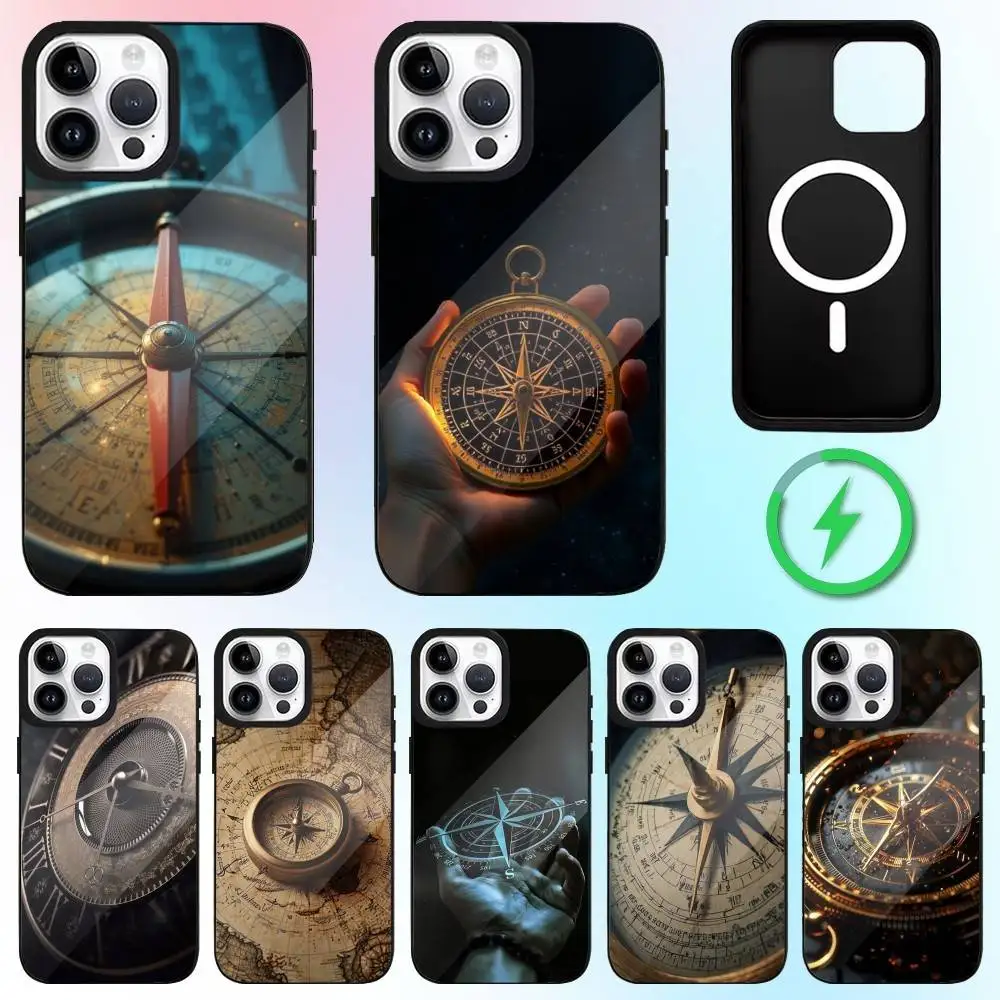 

Art Navigation Compass Phone Case For iPhone17,16,15,14,13,12,11 Plus,Pro Max Magnetic Magsafe Wireless Charging