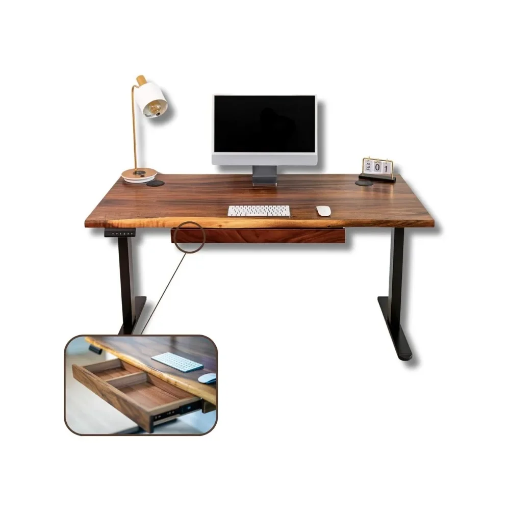 Standing Desk – Walnut Solid Wood Desk, Live Edge Adjustable Height Desk, Dual Motor Sit Stand Desk For Home Office|