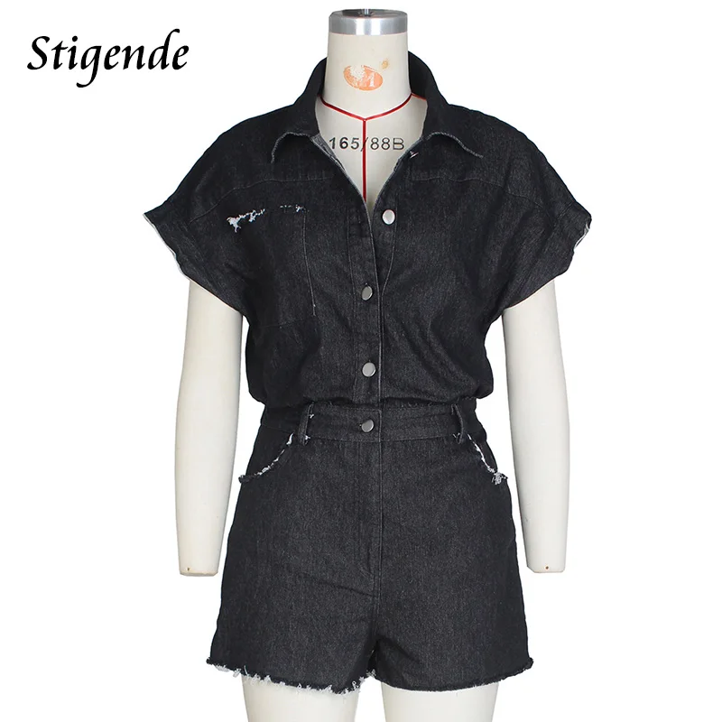 Stigende Cap Ärmel Revers Hals Denim Stram pler Spiel anzug Frauen Knopf oben zerrissen Stretch weites Bein Jeans Shorts