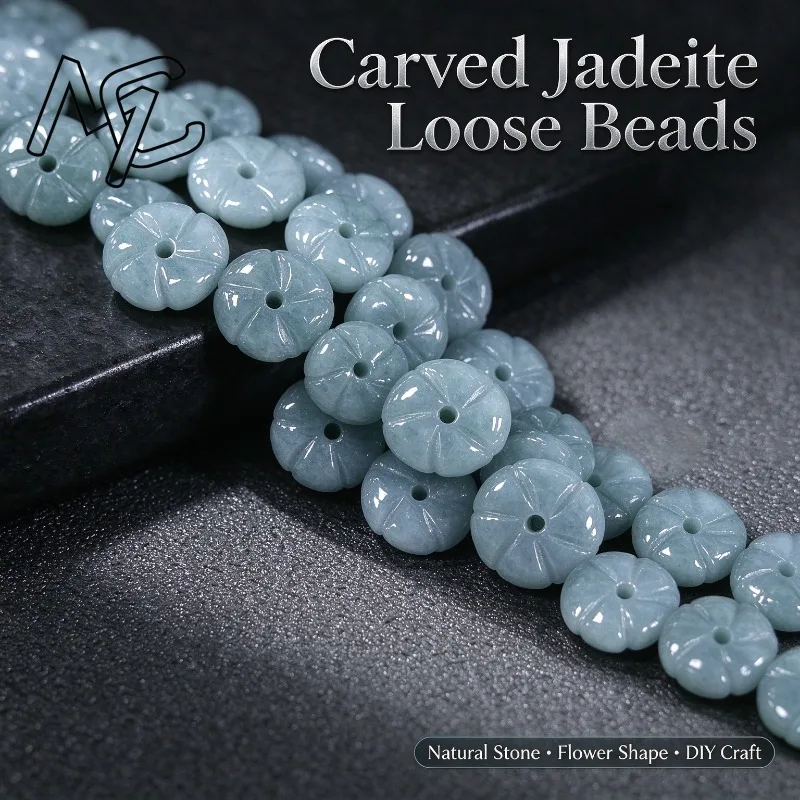 10Pcs 10mm Hand Carved Natural Burma Blue Water Jadeite Flower Beads Loose Gemstone Beads DIY Bracelet Earring Making Supplies
