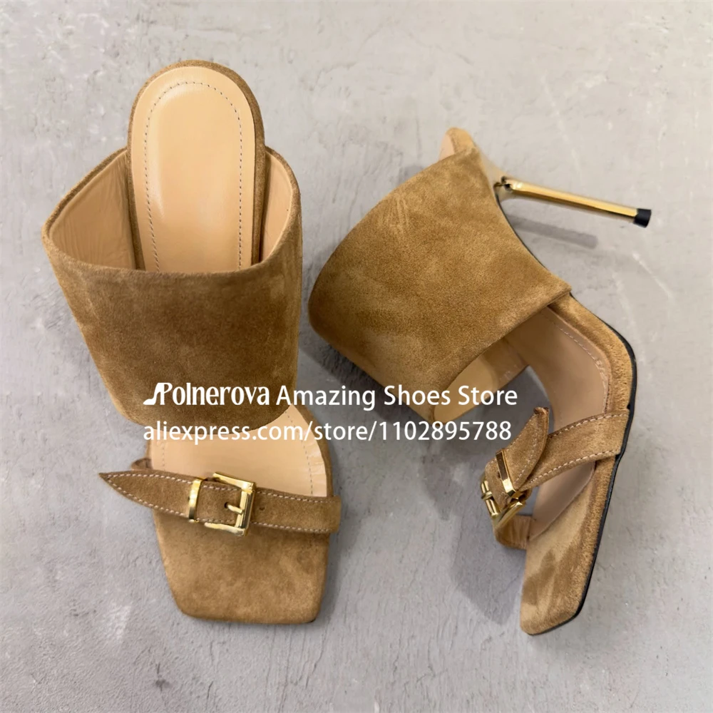 

Square Toe Buckled Stiletto Slipper Sexy Style Suede Handmade Sandals Designer Style Summer High Heels Custom Color for Women