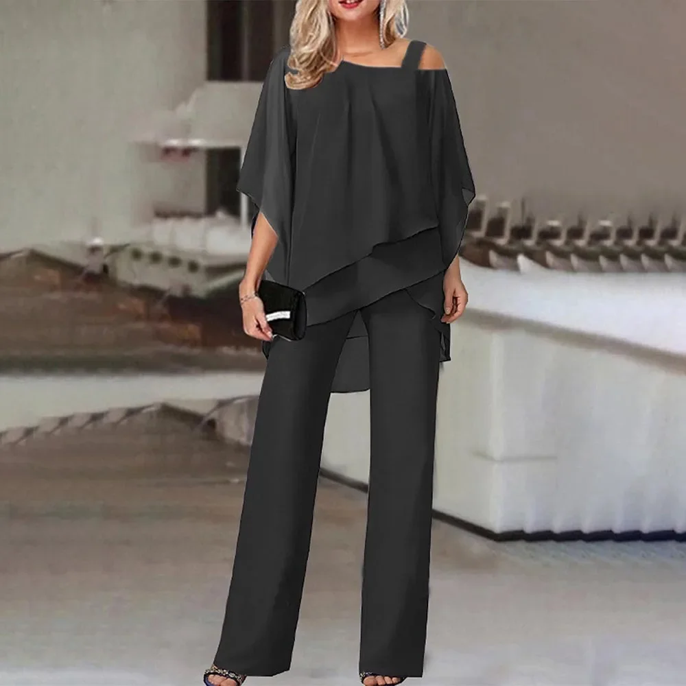 Women Trousers Sets Two Pieces Sale Sexy Off Shoulder Half Batwing Sleeve Blouse&OL Wide Leg Loose Pant Suits NMD-6666