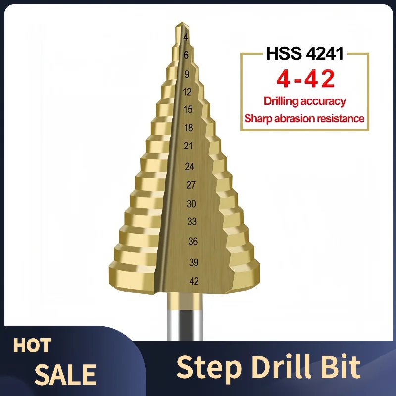 

1PC Step Drill Bit 4-42mm HSS Straight Fluted Pagoda Step Drill Bit Round Handle Titanium Coated Wood Metal Hole Drilling Tool