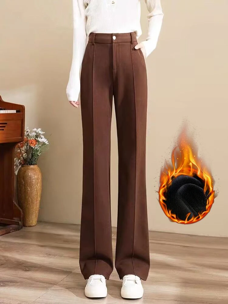 

2023 Women's New Autumn Winter Plus Velvet Warm Pants Female High Waist Casual Trousers Ladies Woolen Wide Leg Pants O595