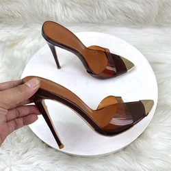 Keshangjia 12cm Sexy Pointy Color Pvc Slippers High Heel Sandals Women Brown Stiletto Heels Lady Shoes Female Big Size 44-46