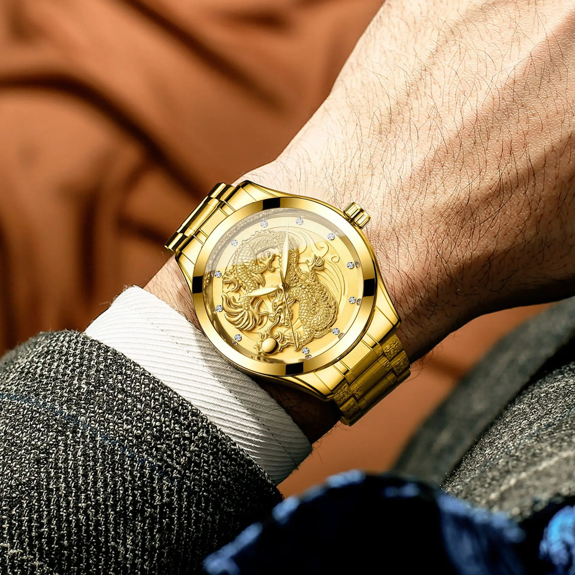 

Golden Dragon Watch Men's Quartz Watch Waterproof Luminous Gold Quartz Ultra Thin Steel Strip Dragon Phoenix Couple Watch