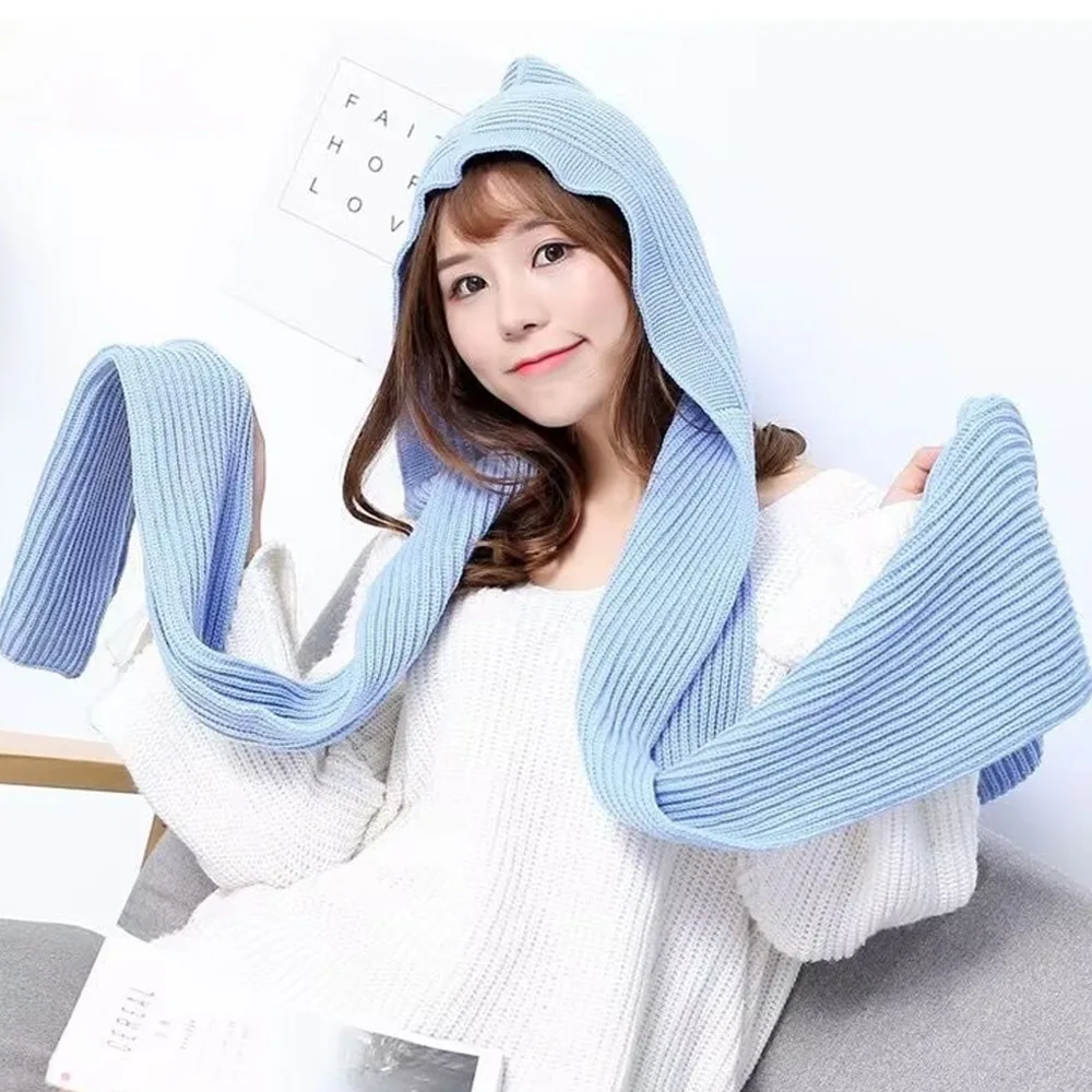Gifts Solid Winter Hooded Scarf Integrated Hat Ribbed Knit Knitted Hood Scarf Neck Wrap Warm Knitted Neck Warmer For Men Women