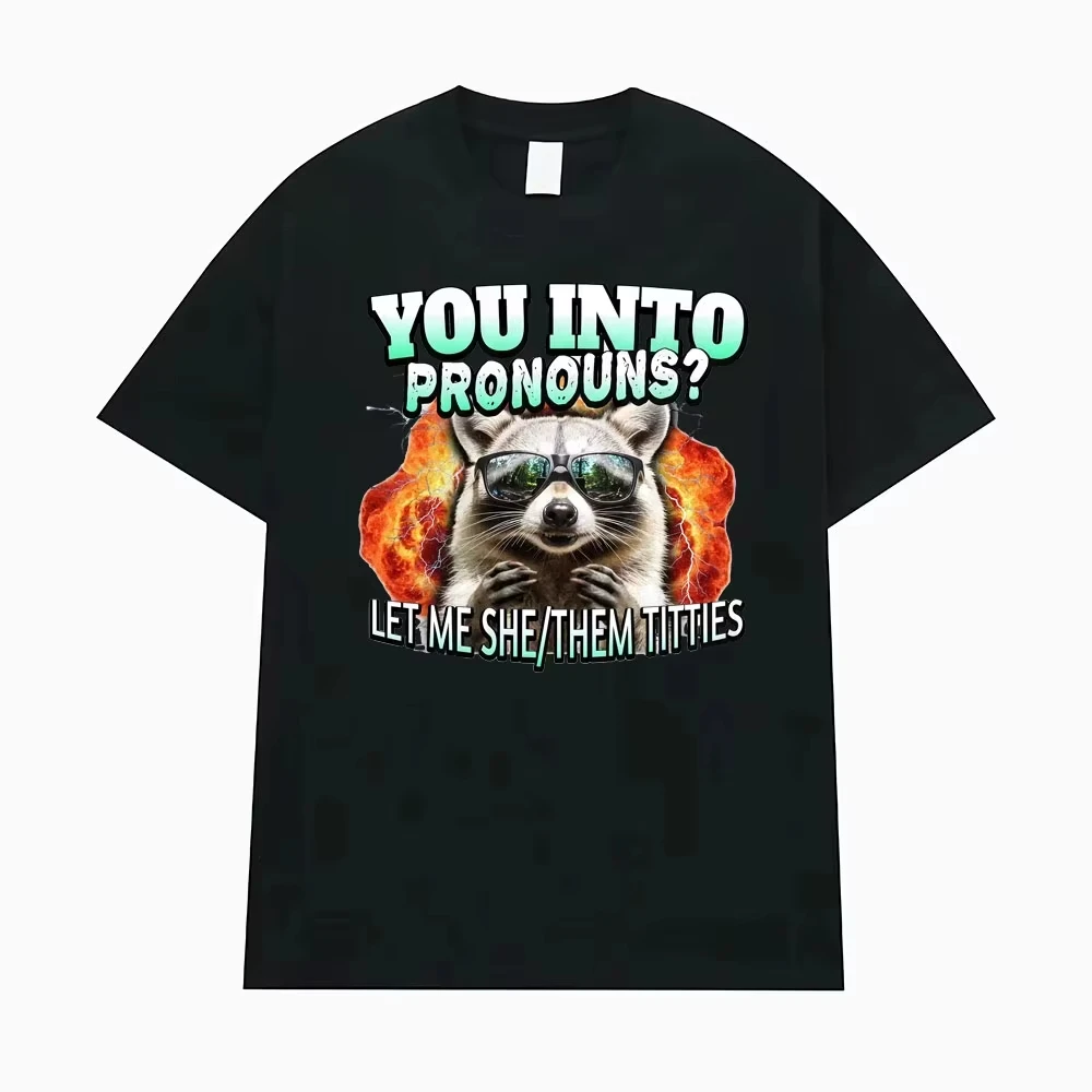 

You Into Pronouns Let Me She/Them T-shirt Men Women Clothing Funny Raccoon Cartoon High Street Tshirt Hot Sale Comfort T Shirts