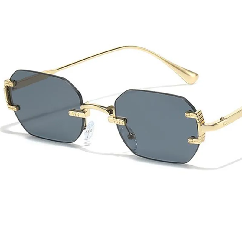 

Модные солнцезащитные очки без оправы, анти-УФ-очки, многоугольные декоративные линзы с отделкой, женские солнцезащитные очки с индивидуальными дужками