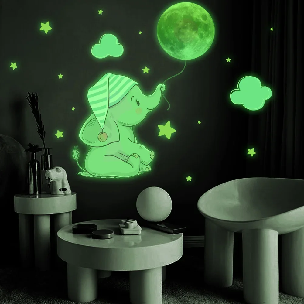 

Baby Elephant Moon Glow-In-The-Dark Wall Sticker Set for Kids Room Decoration