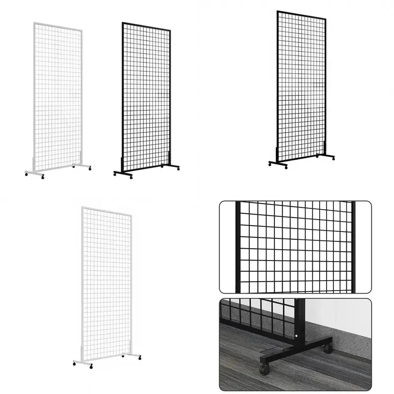 Wheeled Mobile Mesh Wall Display Stand with Removable Metal Panels for Retail Art Photo Storage