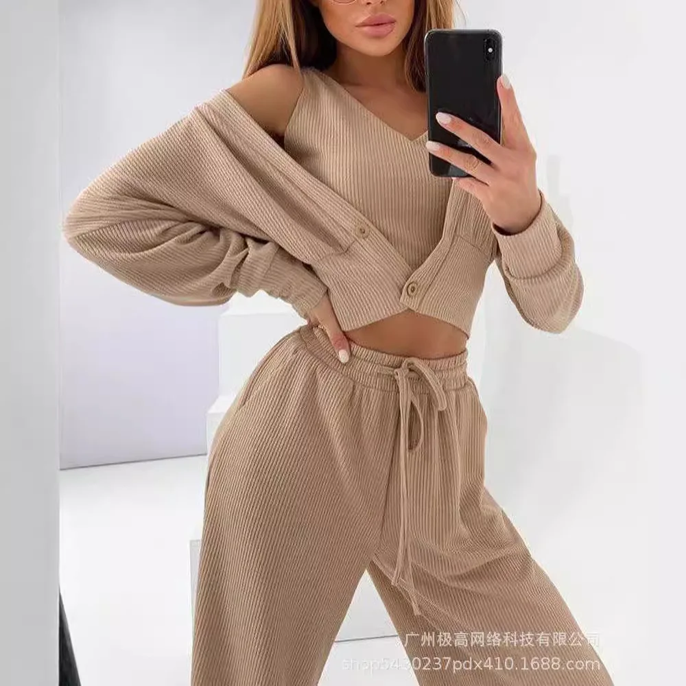 

3pcs Women Clothes Set Solid Color Rib Fabric Casual Cardigan Short Jacket Cami Tank Top High Waist Pants