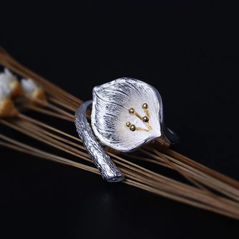 BOCAI 100% Real S925 Silver Ring for Woman Trend Personality Calla Lily Ins Flower Jewelry